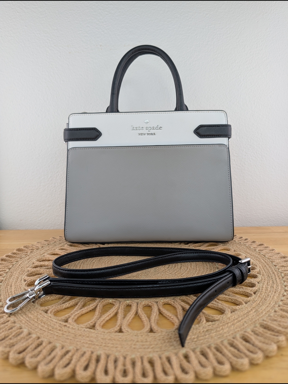 Kate Spade Staci Gray White Saffiano Leather Top-Handle Satchel Crossbody Bag